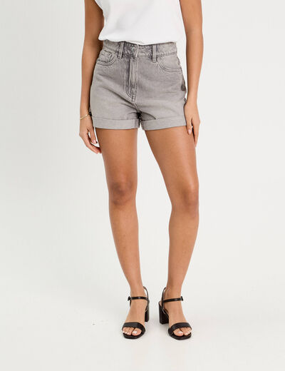 Short mom taille haute en jean denim gris femme