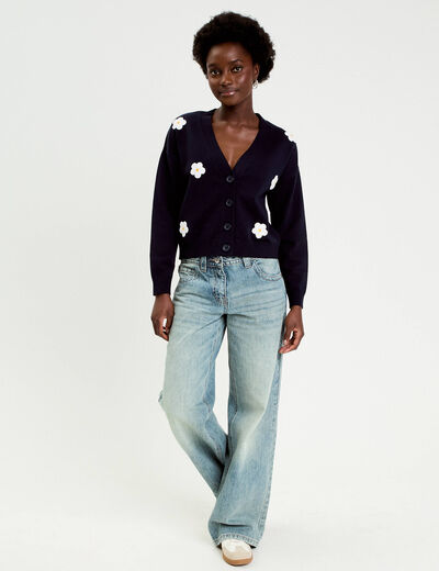 Gilet brod&eacute; col v bleu marine femme