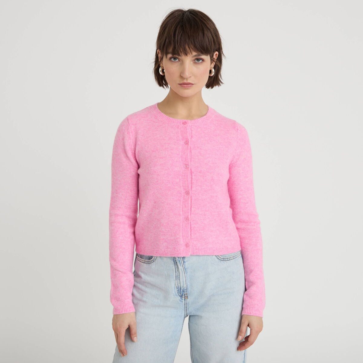 Gilet boutonn&eacute; manches longues rose femme