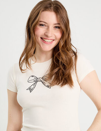 T-shirt manches courtes ajusté ecru femme