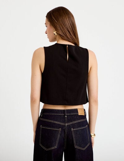 Top ajust&eacute; court sans manches col rond noir femme