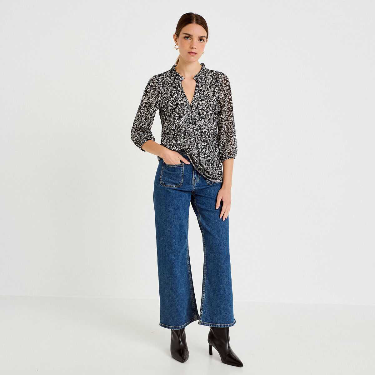 Blouse col v manches 3/4 noir femme