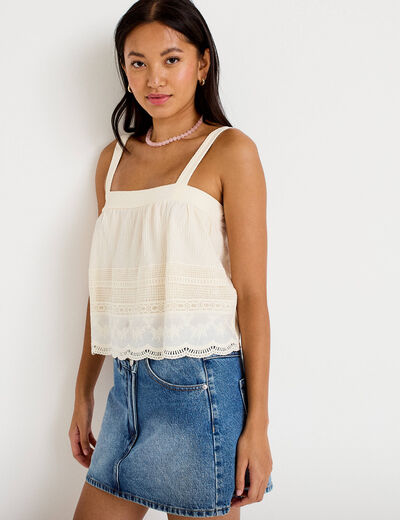 Top &agrave; bretelles broderie ecru femme