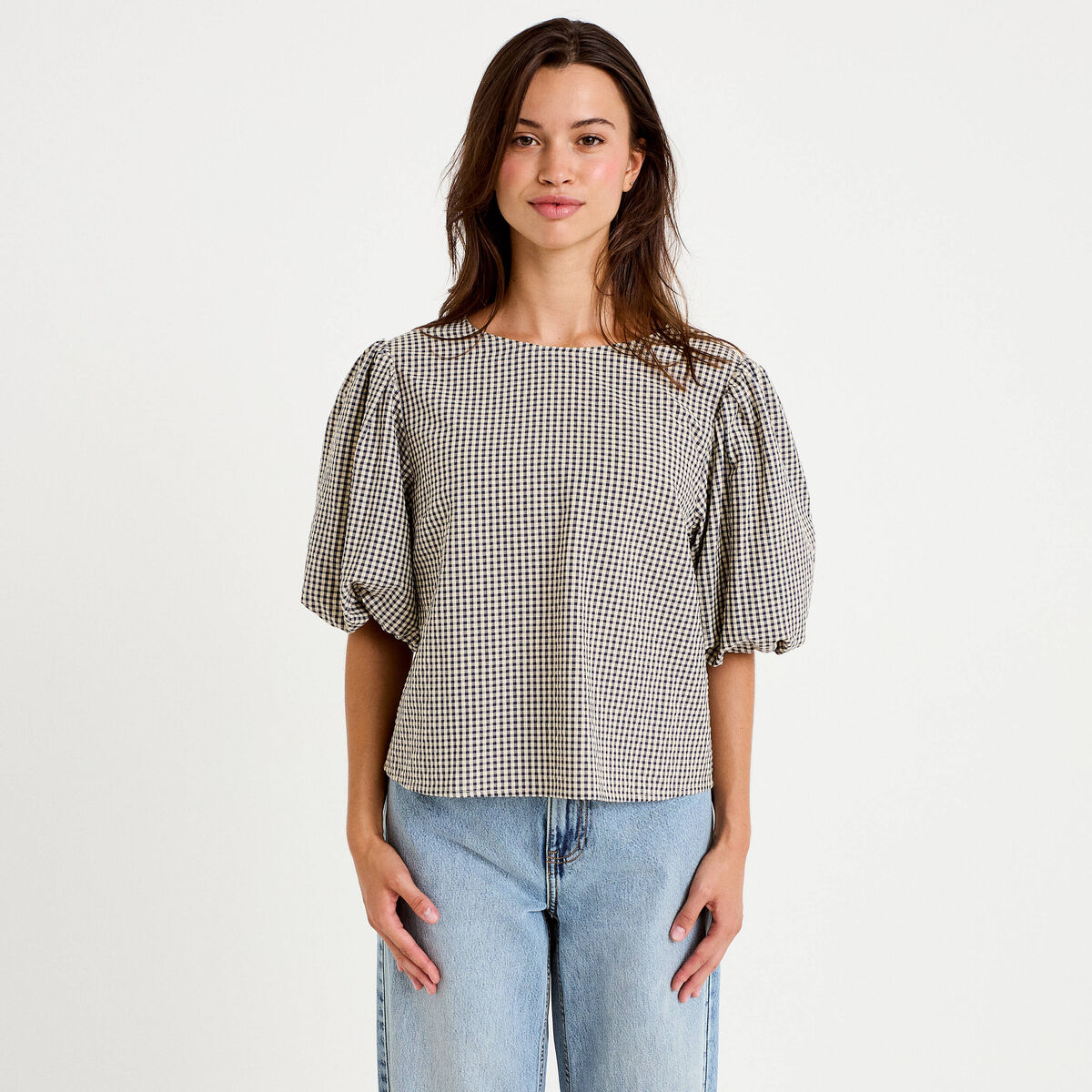 Blouse effet boule manches courtes bleu femme