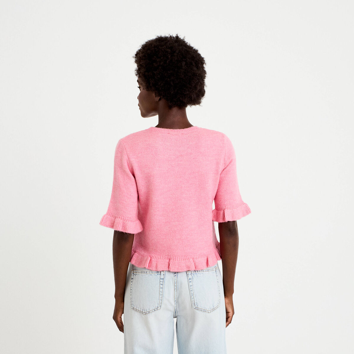 Pull col rond manches courtes rose clair femme