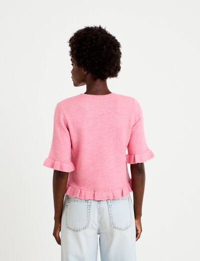 Pull col rond manches courtes rose clair femme