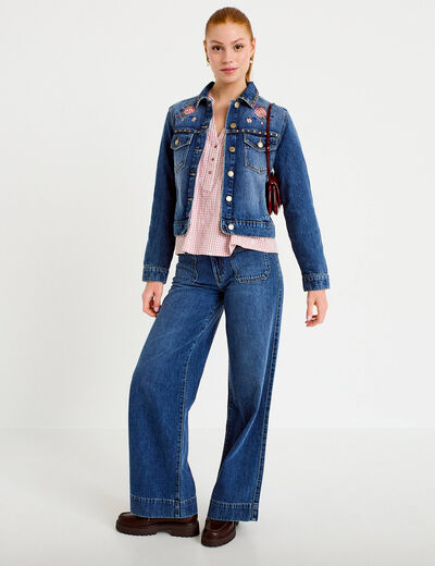 Blouse vichy brod&eacute;e rose femme