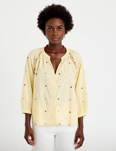Blouse ample col tunisien manches 3/4 jaune pastel femme