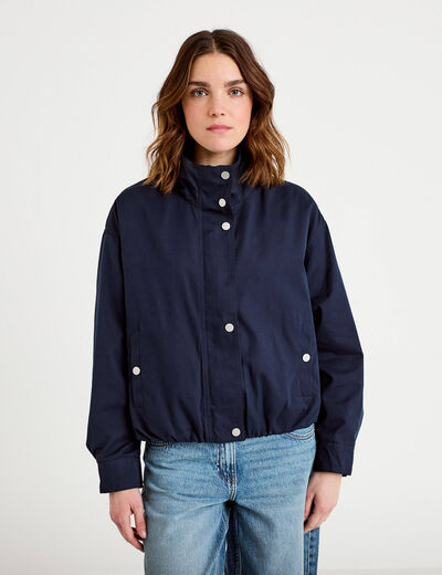 Blouson court bas resserr&eacute; bleu marine femme