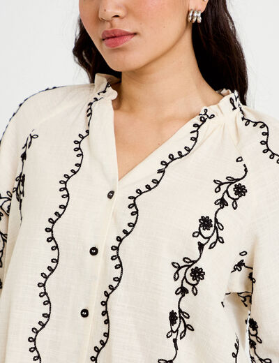 Blouse droite col am&eacute;ricain broderie blanc femme
