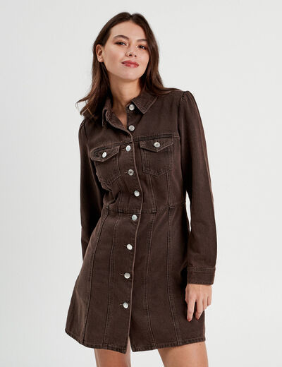 Robe chemise droite en jean marron foncé femme
