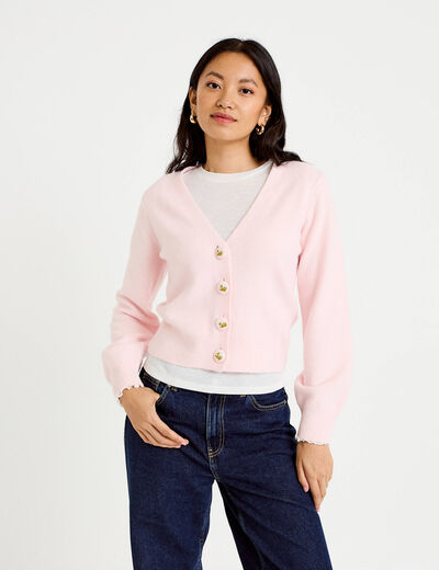 Gilet col v broderie manches longues rose clair femme