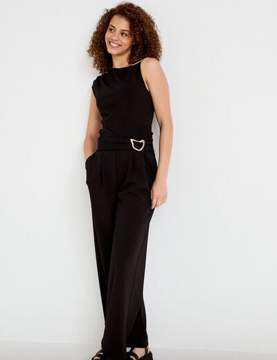 Pantalon large avec ceinture &agrave; bijou noir femme
