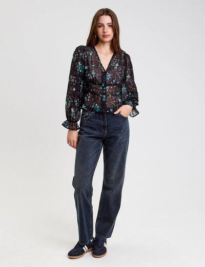 Blouse cintr&eacute;e courte en voile col V noir femme
