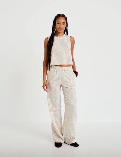 Top droit sans manches pliss&eacute; col rond creme femme