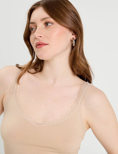 Débardeur liserés dentelle sable femme