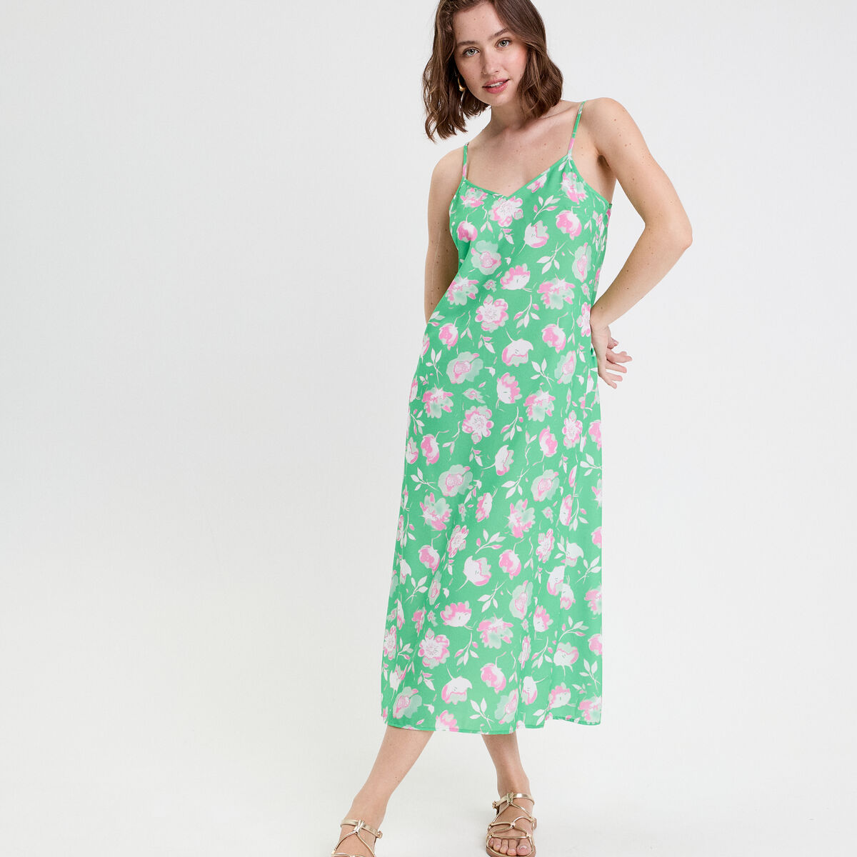 Robe évasée 3/4 col bénitier vert fluo femme