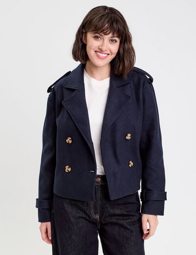 Trench droit court col tailleur bleu marine femme