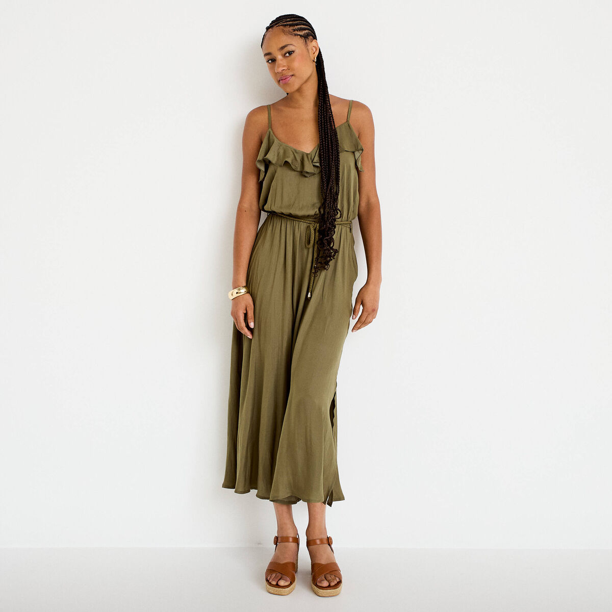 Robe longue &eacute;vas&eacute;e col v bretelles vert kaki femme