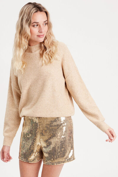 Pull manches longues sequins beige femme