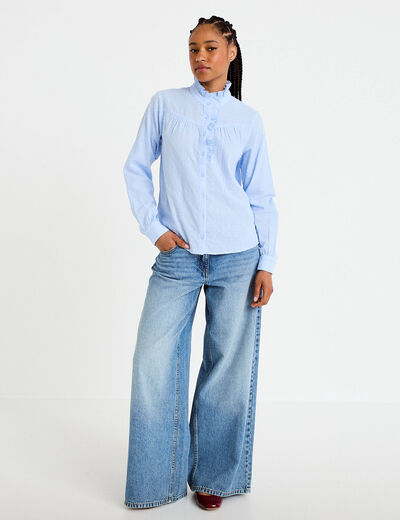 Chemise col montant manches longues bleu clair femme