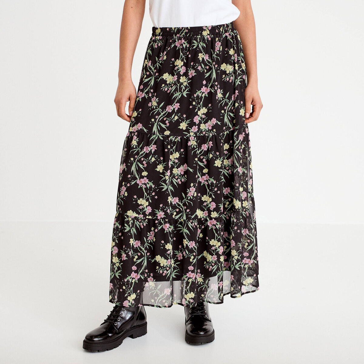 Jupe longue &eacute;vas&eacute;e en voile transparent noir femme