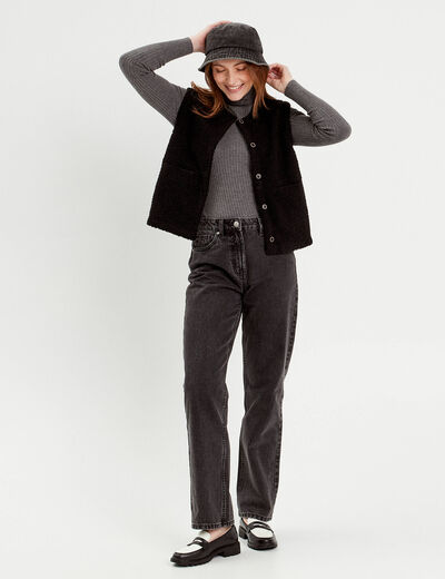 Pull col roulé côtelé gris foncé femme