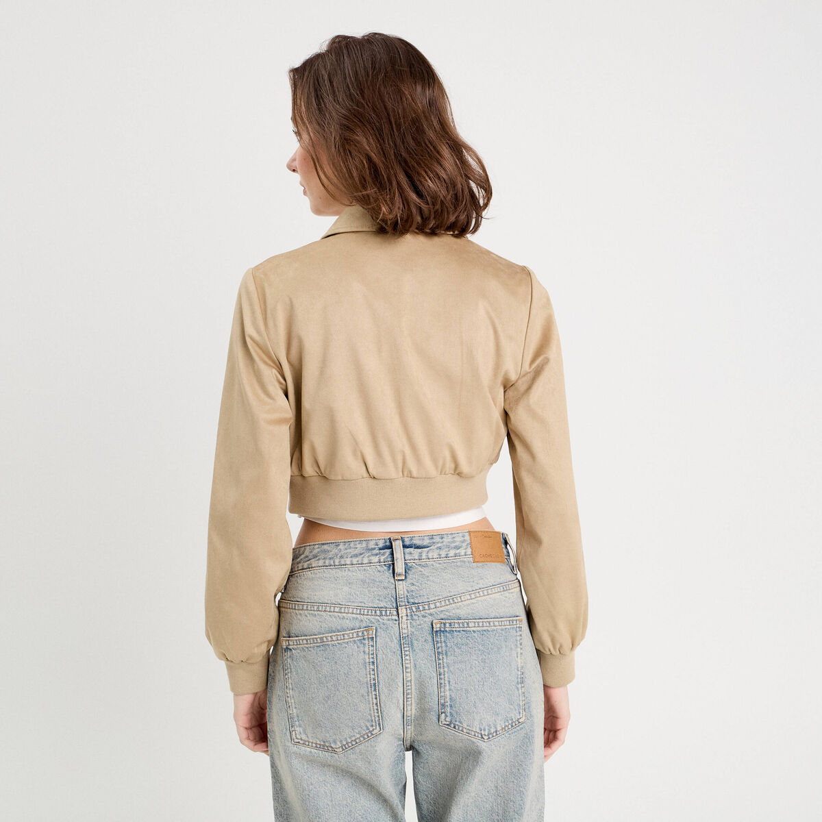 Veste courte zipp&eacute;e su&eacute;dine beige femme