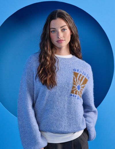 Pull ample col rond manches longues bleu ciel femme