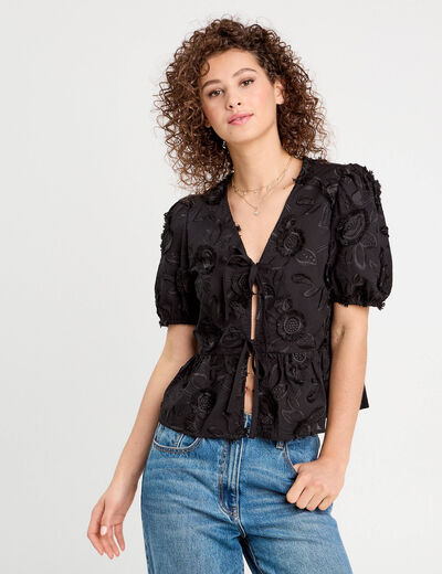 Blouse manches courtes noeuds noir femme
