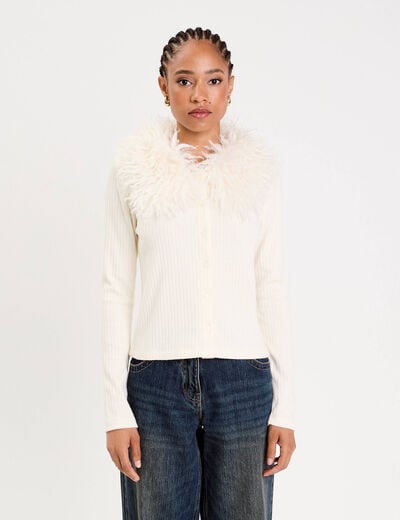 Gilet ajust&eacute; manches longues duveteux ivoire femme