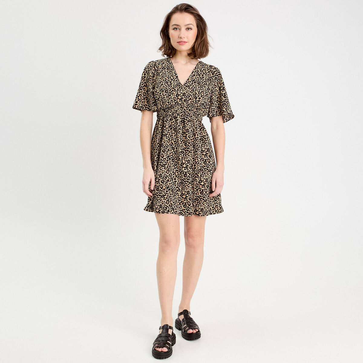 Robe évasée manches courtes beige femme