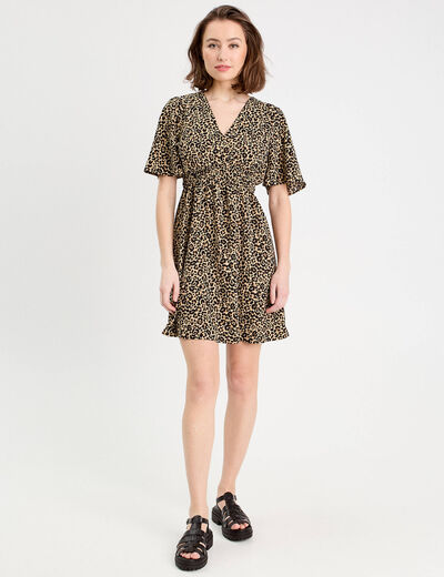 Robe évasée manches courtes beige femme