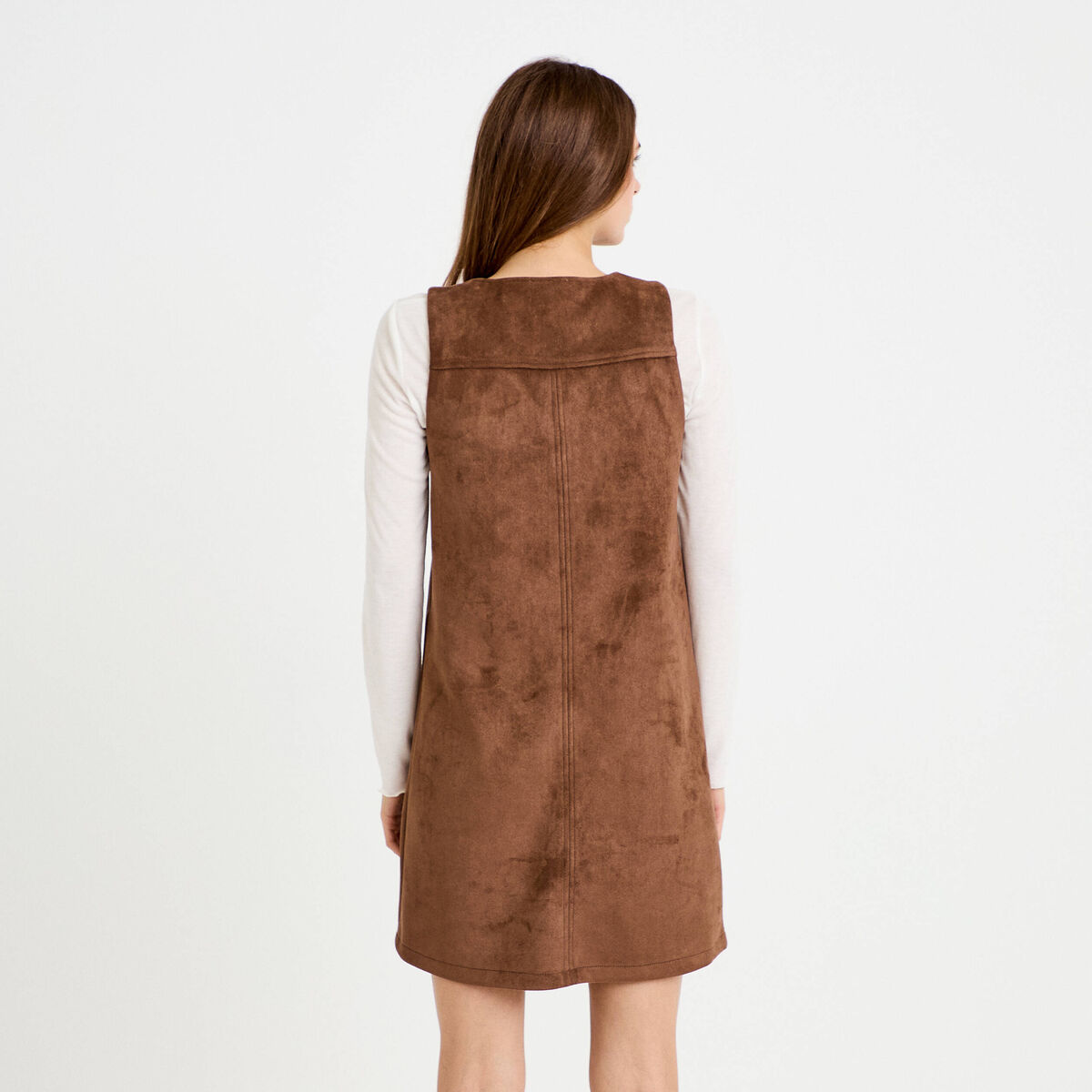 Robe droite courte sans manches col rond marron femme