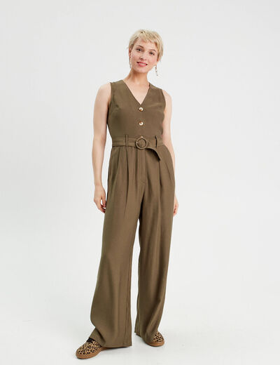 Combinaison pantalon ceinturée vert kaki femme