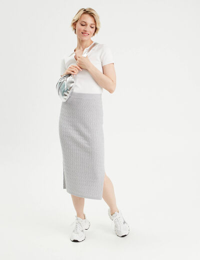 Jupe midi tricot crayon gris clair femme