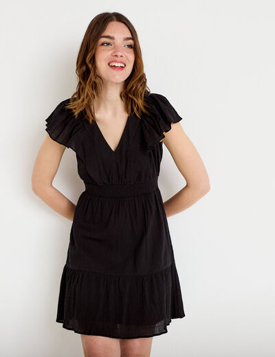 Robe courte &eacute;vas&eacute;e col v manches courtes noir femme
