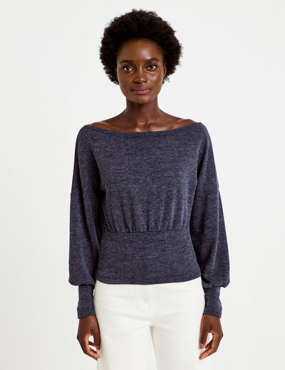 Pull col bateau manches longues bleu marine femme