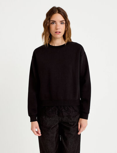 Sweat droit col rond d&eacute;tail dentelle noir femme