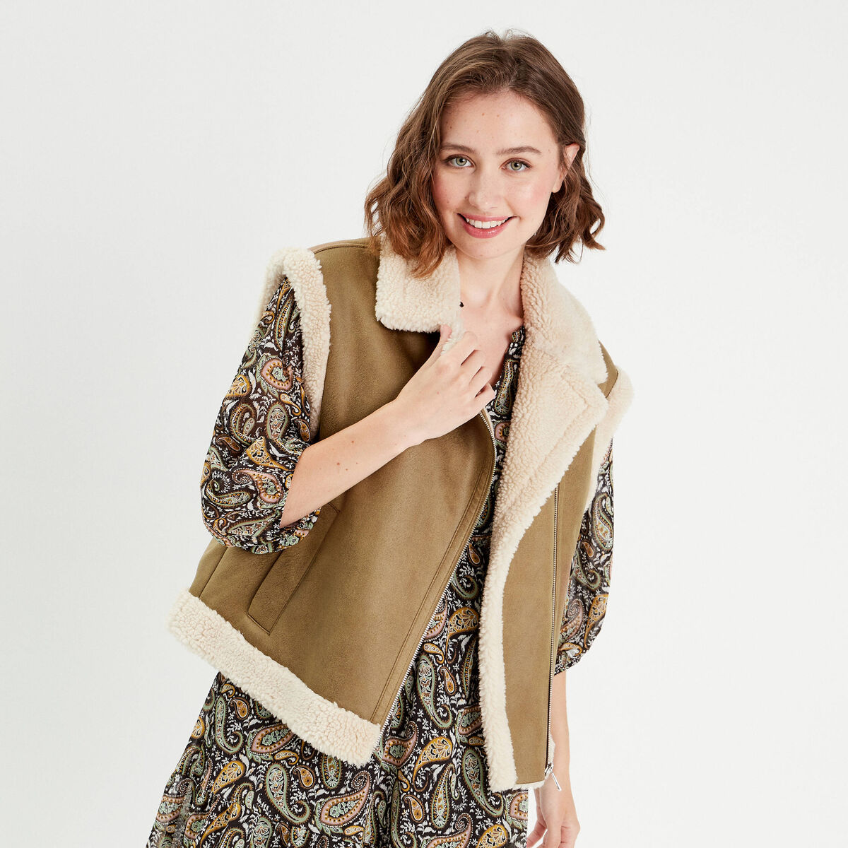 Blouson sans manches zippé taupe femme