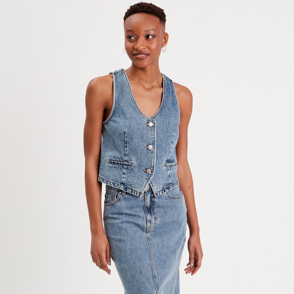Gilet sans manches en jean denim stone femme