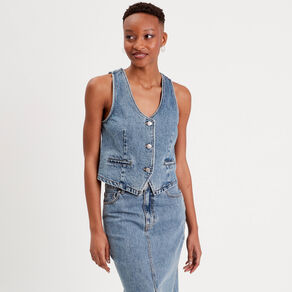 Gilet sans manches en jean denim stone femme