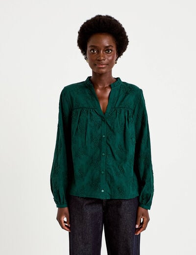 Blouse droite col rond manches longues vert fonc&eacute; femme