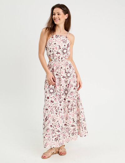 Robe longue évasée ouvertures rose femme