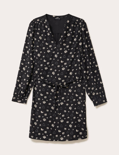 Robe droite courte col v manches longues noir femme