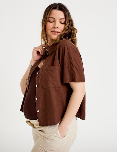 Chemise droite courte col classique marron femme