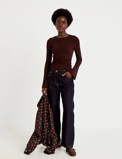 T-shirt ajust&eacute; col rond manches longues marron fonc&eacute; femme