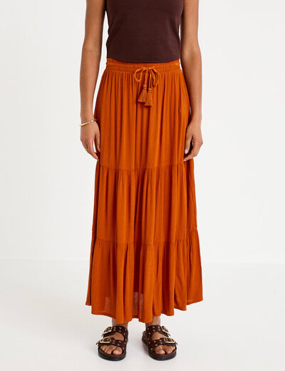 Jupe longue pliss&eacute;e &eacute;vas&eacute;e orange fonc&eacute; femme