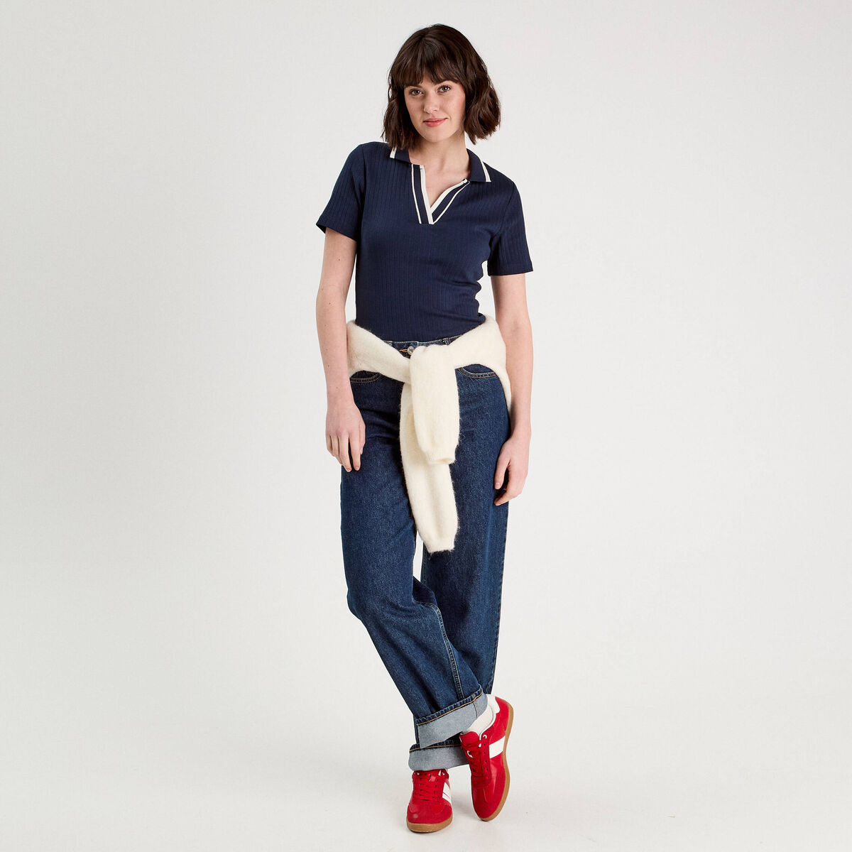 Polo c&ocirc;tel&eacute; manches courtes bleu marine femme