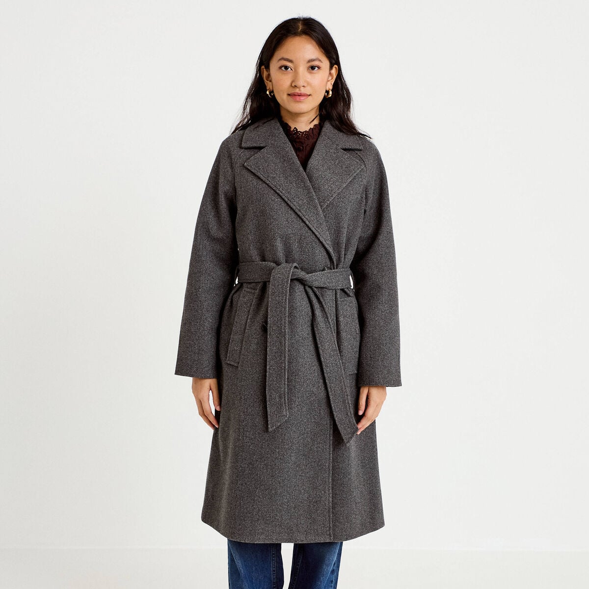Manteau droit mi-long &agrave; manches longues gris femme